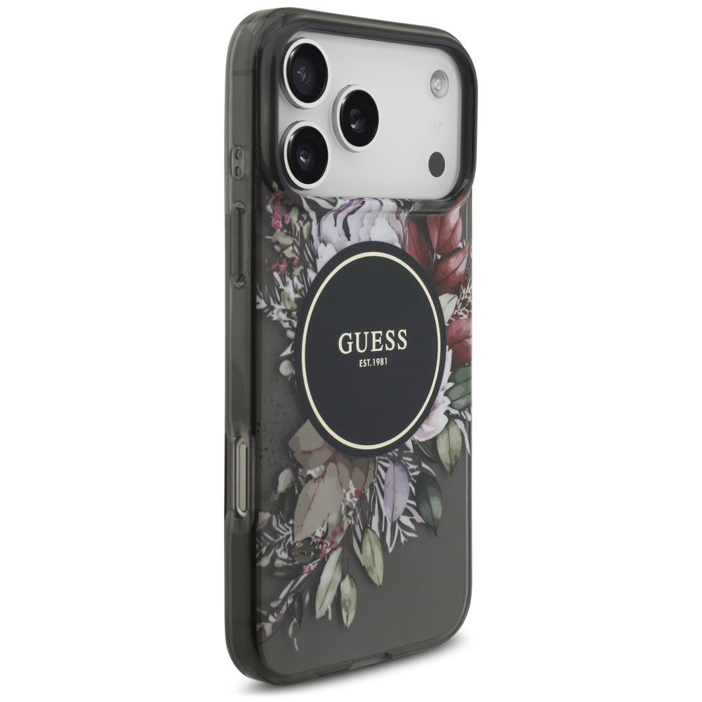 Husa MagSafe pentru Apple iPhone 18 Pro Max / 17 Pro Max, Guess, IML Flowers with Pearl Strap, Neagra