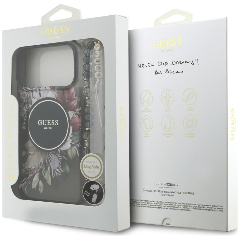 Husa MagSafe pentru Apple iPhone 18 Pro Max / 17 Pro Max, Guess, IML Flowers with Pearl Strap, Neagra