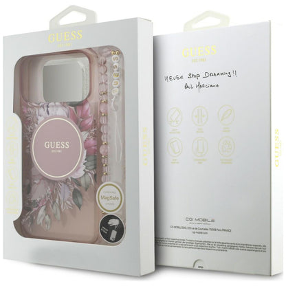 Husa MagSafe pentru Apple iPhone 18 Pro Max / 17 Pro Max, Guess, IML Flowers with Pearl Strap, Roz