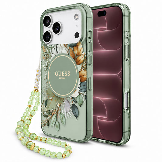 Husa MagSafe pentru Apple iPhone 18 Pro Max / 17 Pro Max, Guess, IML Flowers with Pearl Strap, Verde