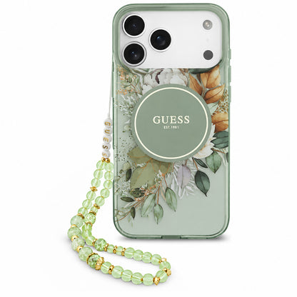 Husa MagSafe pentru Apple iPhone 18 Pro Max / 17 Pro Max, Guess, IML Flowers with Pearl Strap, Verde