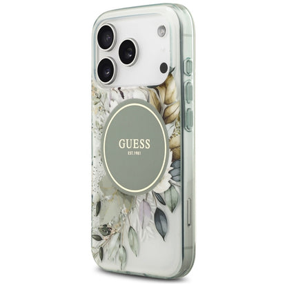Husa MagSafe pentru Apple iPhone 18 Pro Max / 17 Pro Max, Guess, IML Flowers with Pearl Strap, Verde