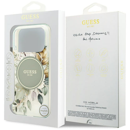 Husa MagSafe pentru Apple iPhone 18 Pro Max / 17 Pro Max, Guess, IML Flowers with Pearl Strap, Verde