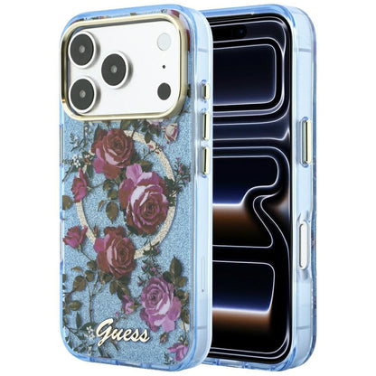 Husa MagSafe pentru Apple iPhone 18 Pro Max / 17 Pro Max, Guess, IML Glitter Blossom Roses, Bleu