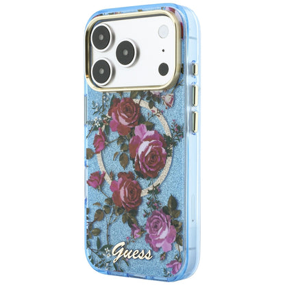 Husa MagSafe pentru Apple iPhone 18 Pro Max / 17 Pro Max, Guess, IML Glitter Blossom Roses, Bleu