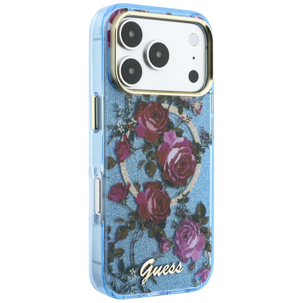 Husa MagSafe pentru Apple iPhone 18 Pro Max / 17 Pro Max, Guess, IML Glitter Blossom Roses, Bleu