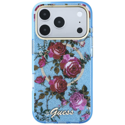 Husa MagSafe pentru Apple iPhone 18 Pro Max / 17 Pro Max, Guess, IML Glitter Blossom Roses, Bleu