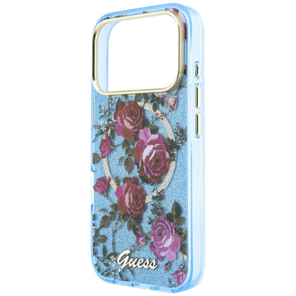 Husa MagSafe pentru Apple iPhone 18 Pro Max / 17 Pro Max, Guess, IML Glitter Blossom Roses, Bleu