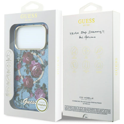 Husa MagSafe pentru Apple iPhone 18 Pro Max / 17 Pro Max, Guess, IML Glitter Blossom Roses, Bleu