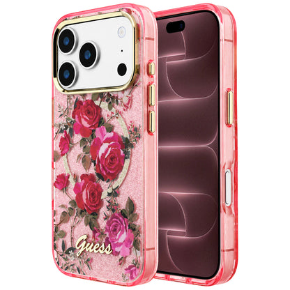 Husa MagSafe pentru Apple iPhone 18 Pro Max / 17 Pro Max, Guess, IML Glitter Blossom Roses, Roz