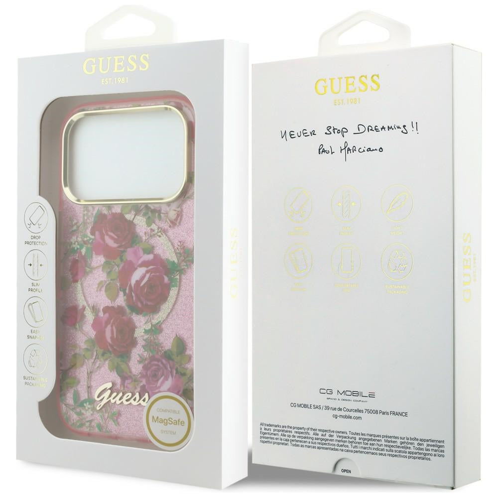 Husa MagSafe pentru Apple iPhone 18 Pro Max / 17 Pro Max, Guess, IML Glitter Blossom Roses, Roz