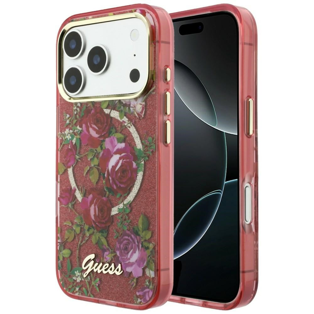 Husa MagSafe pentru Apple iPhone 18 Pro Max / 17 Pro Max, Guess, IML Glitter Blossom Roses, Visinie