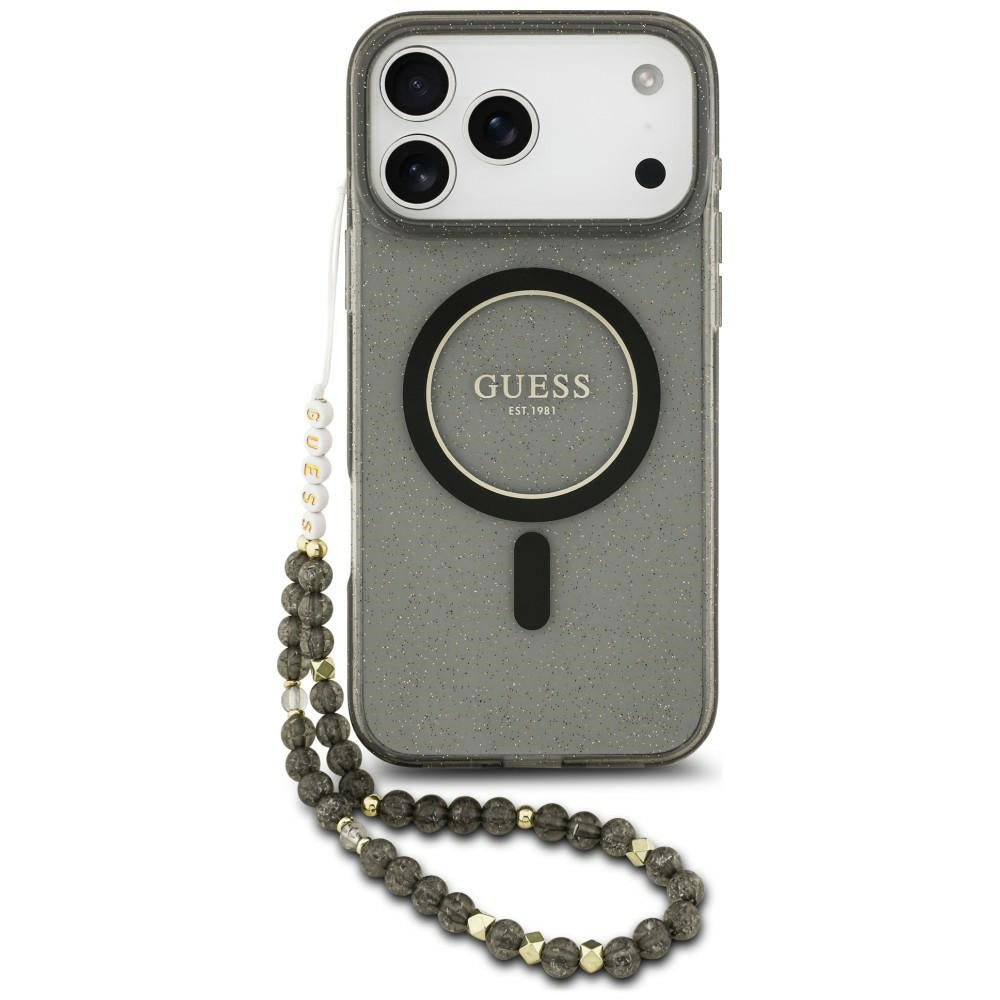 Husa MagSafe pentru Apple iPhone 18 Pro Max / 17 Pro Max, Guess, IML Glitter with Pearl Strap, Neagra