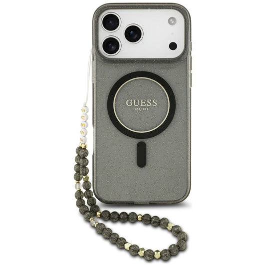 Husa MagSafe pentru Apple iPhone 18 Pro Max / 17 Pro Max, Guess, IML Glitter with Pearl Strap, Neagra