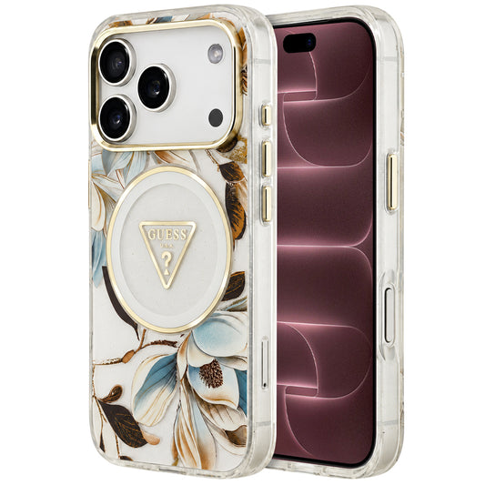 Husa MagSafe pentru Apple iPhone 18 Pro Max / 17 Pro Max, Guess, IML Metal Glitter Flowers Triangle, Alba