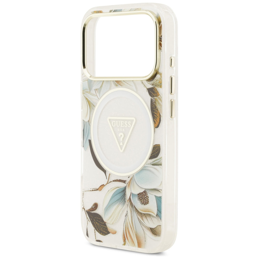 Husa MagSafe pentru Apple iPhone 18 Pro Max / 17 Pro Max, Guess, IML Metal Glitter Flowers Triangle, Alba