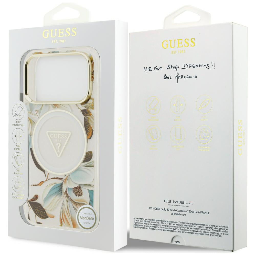 Husa MagSafe pentru Apple iPhone 18 Pro Max / 17 Pro Max, Guess, IML Metal Glitter Flowers Triangle, Alba