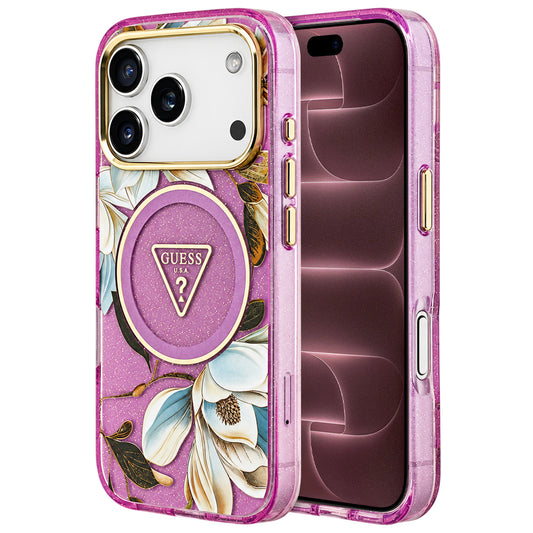 Husa MagSafe pentru Apple iPhone 18 Pro Max / 17 Pro Max, Guess, IML Metal Glitter Flowers Triangle, Mov