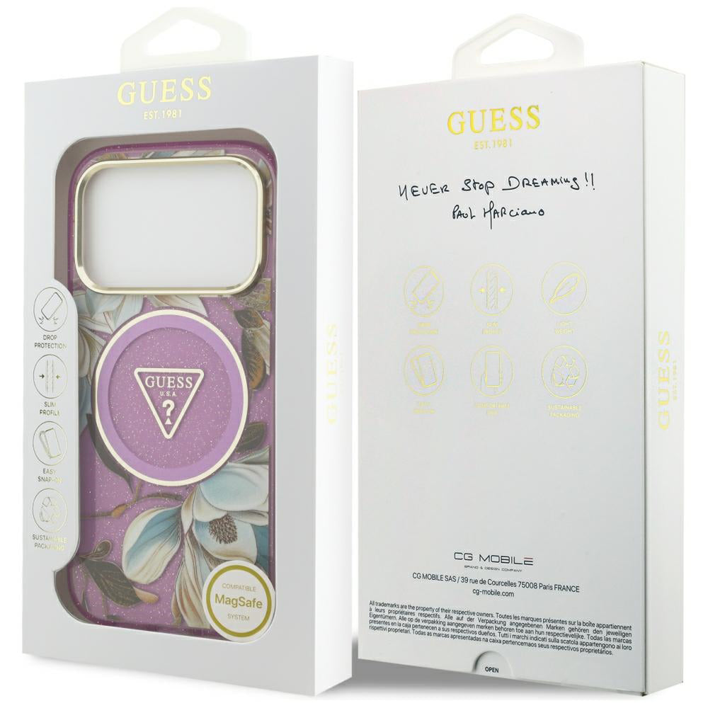 Husa MagSafe pentru Apple iPhone 18 Pro Max / 17 Pro Max, Guess, IML Metal Glitter Flowers Triangle, Mov