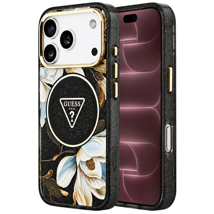 Husa MagSafe pentru Apple iPhone 18 Pro Max / 17 Pro Max, Guess, IML Metal Glitter Flowers Triangle, Neagra
