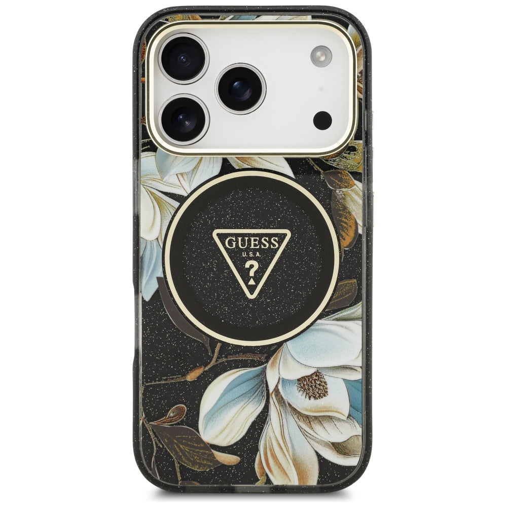 Husa MagSafe pentru Apple iPhone 18 Pro Max / 17 Pro Max, Guess, IML Metal Glitter Flowers Triangle, Neagra