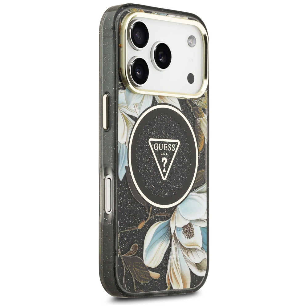 Husa MagSafe pentru Apple iPhone 18 Pro Max / 17 Pro Max, Guess, IML Metal Glitter Flowers Triangle, Neagra
