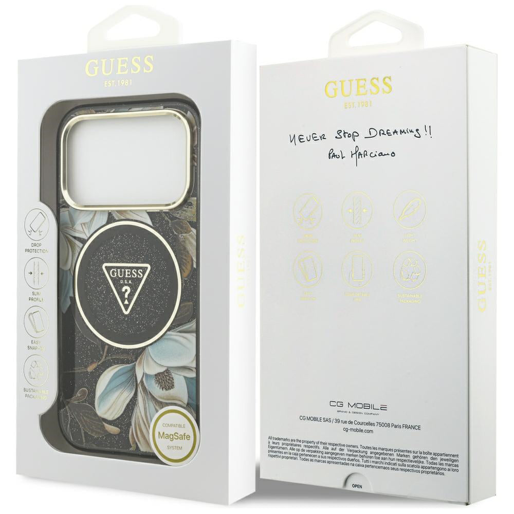 Husa MagSafe pentru Apple iPhone 18 Pro Max / 17 Pro Max, Guess, IML Metal Glitter Flowers Triangle, Neagra