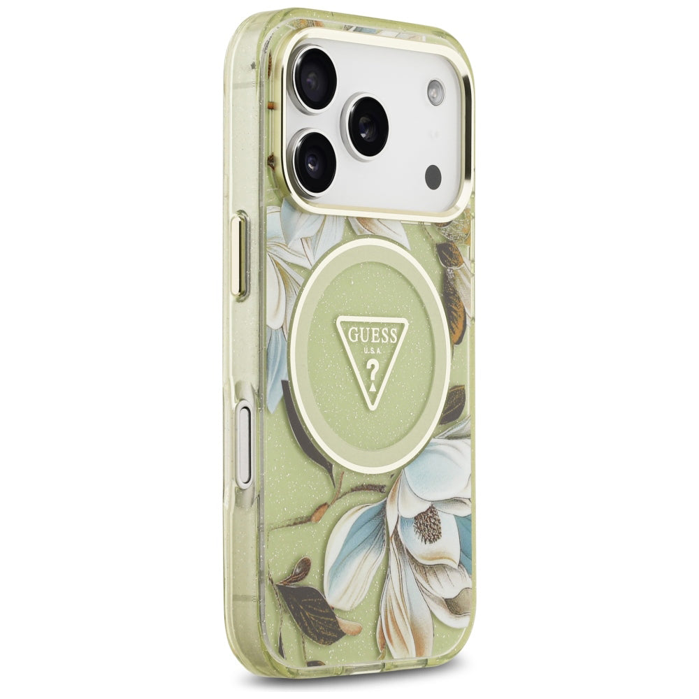 Husa MagSafe pentru Apple iPhone 18 Pro Max / 17 Pro Max, Guess, IML Metal Glitter Flowers Triangle, Verde