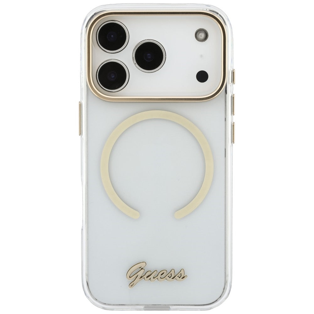 Husa MagSafe pentru Apple iPhone 18 Pro Max / 17 Pro Max, Guess, IML Script Metal, Transparenta