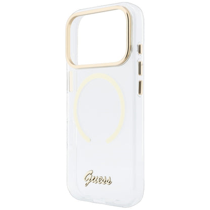 Husa MagSafe pentru Apple iPhone 18 Pro Max / 17 Pro Max, Guess, IML Script Metal, Transparenta