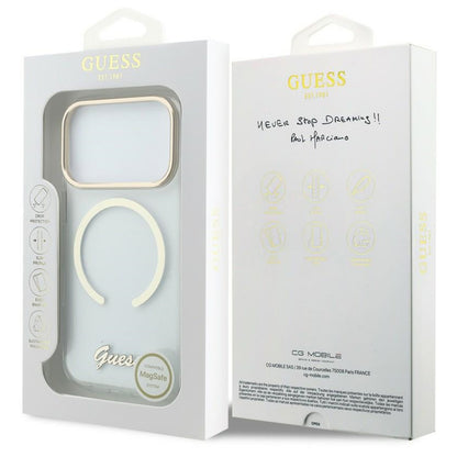 Husa MagSafe pentru Apple iPhone 18 Pro Max / 17 Pro Max, Guess, IML Script Metal, Transparenta