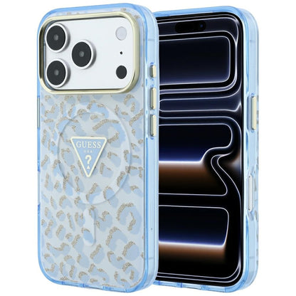 Husa MagSafe pentru Apple iPhone 18 Pro Max / 17 Pro Max, Guess, Leopard Glitter Triangle Logo, Bleu