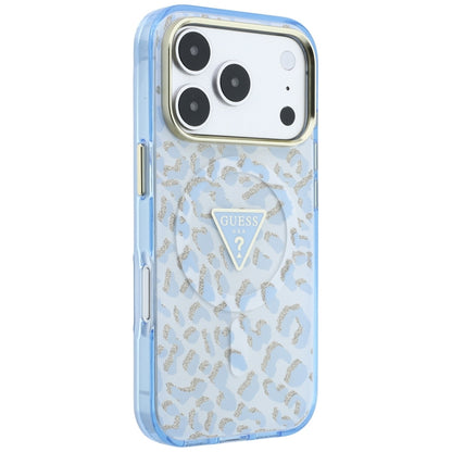 Husa MagSafe pentru Apple iPhone 18 Pro Max / 17 Pro Max, Guess, Leopard Glitter Triangle Logo, Bleu