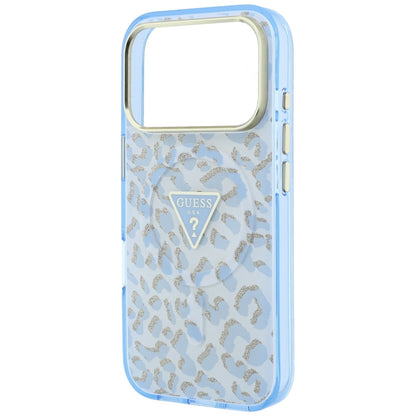 Husa MagSafe pentru Apple iPhone 18 Pro Max / 17 Pro Max, Guess, Leopard Glitter Triangle Logo, Bleu