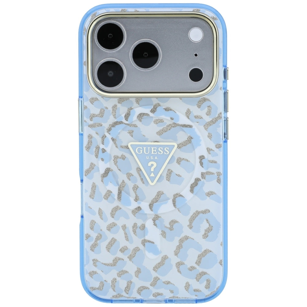 Husa MagSafe pentru Apple iPhone 18 Pro Max / 17 Pro Max, Guess, Leopard Glitter Triangle Logo, Bleu