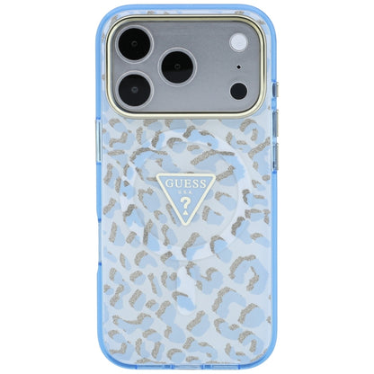 Husa MagSafe pentru Apple iPhone 18 Pro Max / 17 Pro Max, Guess, Leopard Glitter Triangle Logo, Bleu