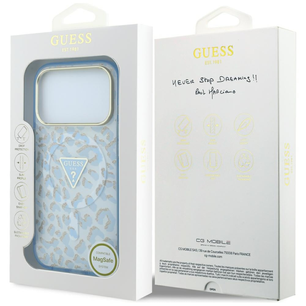 Husa MagSafe pentru Apple iPhone 18 Pro Max / 17 Pro Max, Guess, Leopard Glitter Triangle Logo, Bleu