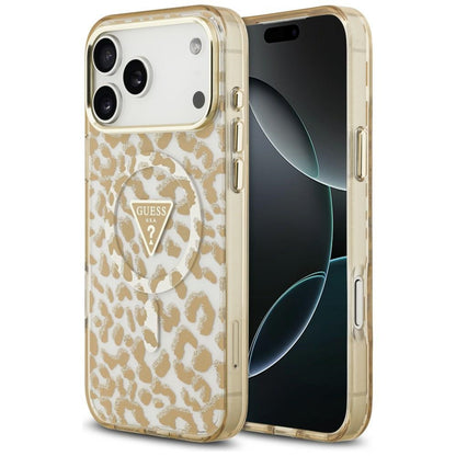 Husa MagSafe pentru Apple iPhone 18 Pro Max / 17 Pro Max, Guess, Leopard Glitter Triangle Logo, Maro