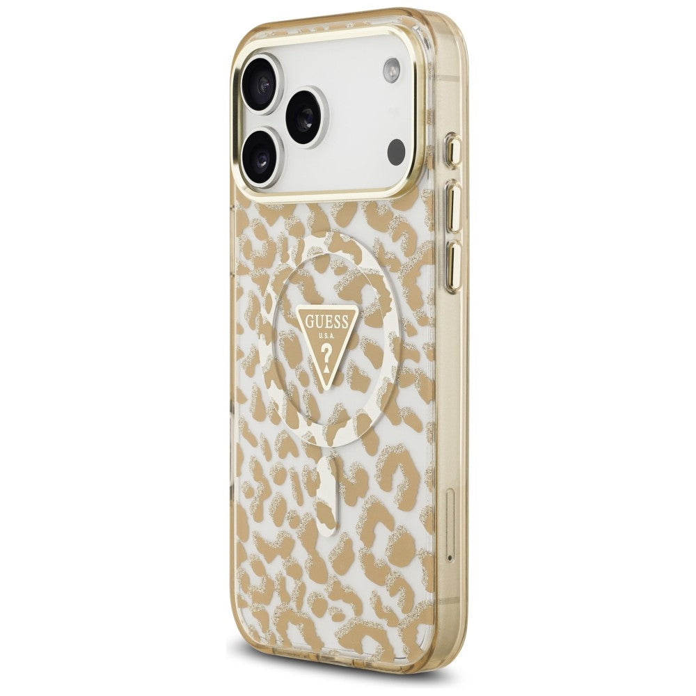 Husa MagSafe pentru Apple iPhone 18 Pro Max / 17 Pro Max, Guess, Leopard Glitter Triangle Logo, Maro