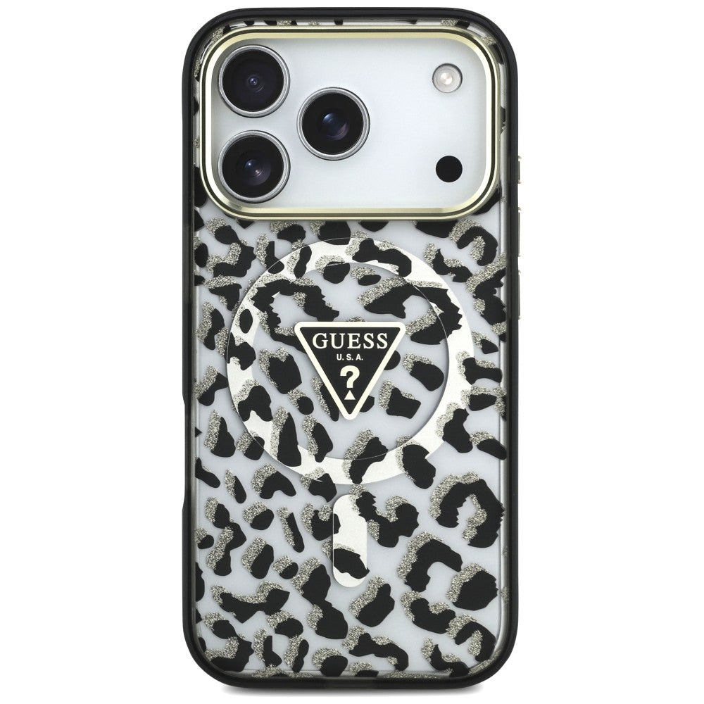 Husa MagSafe pentru Apple iPhone 18 Pro Max / 17 Pro Max, Guess, Leopard Glitter Triangle Logo, Neagra