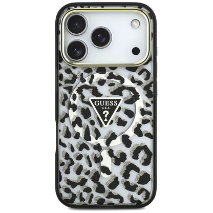 Husa MagSafe pentru Apple iPhone 18 Pro Max / 17 Pro Max, Guess, Leopard Glitter Triangle Logo, Neagra