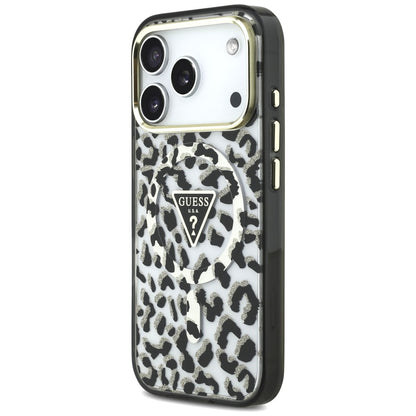Husa MagSafe pentru Apple iPhone 18 Pro Max / 17 Pro Max, Guess, Leopard Glitter Triangle Logo, Neagra
