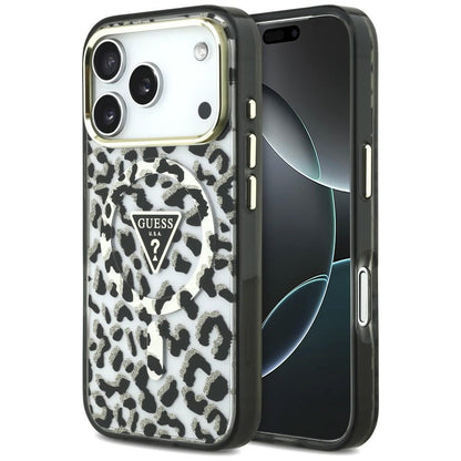 Husa MagSafe pentru Apple iPhone 18 Pro Max / 17 Pro Max, Guess, Leopard Glitter Triangle Logo, Neagra