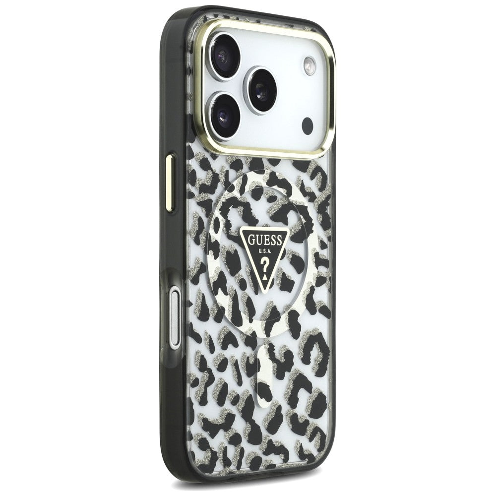 Husa MagSafe pentru Apple iPhone 18 Pro Max / 17 Pro Max, Guess, Leopard Glitter Triangle Logo, Neagra