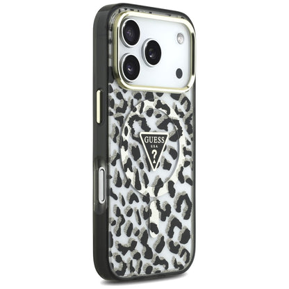 Husa MagSafe pentru Apple iPhone 18 Pro Max / 17 Pro Max, Guess, Leopard Glitter Triangle Logo, Neagra