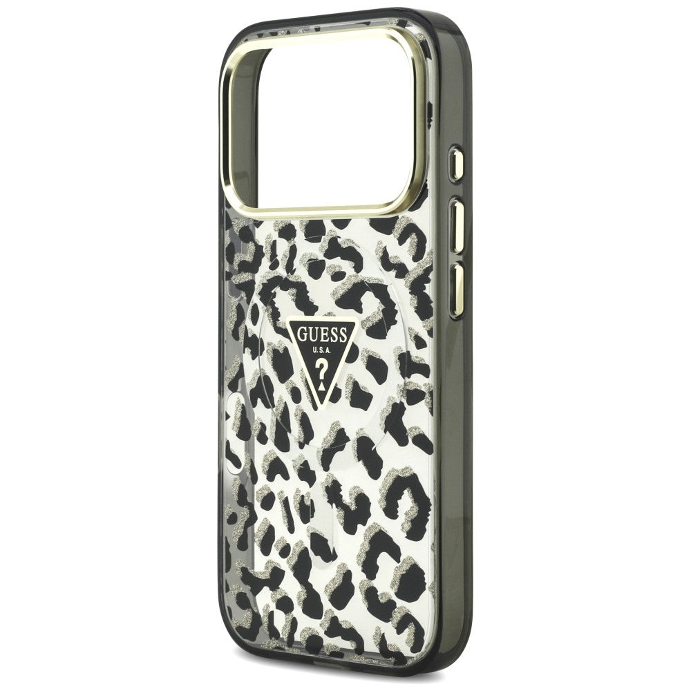 Husa MagSafe pentru Apple iPhone 18 Pro Max / 17 Pro Max, Guess, Leopard Glitter Triangle Logo, Neagra