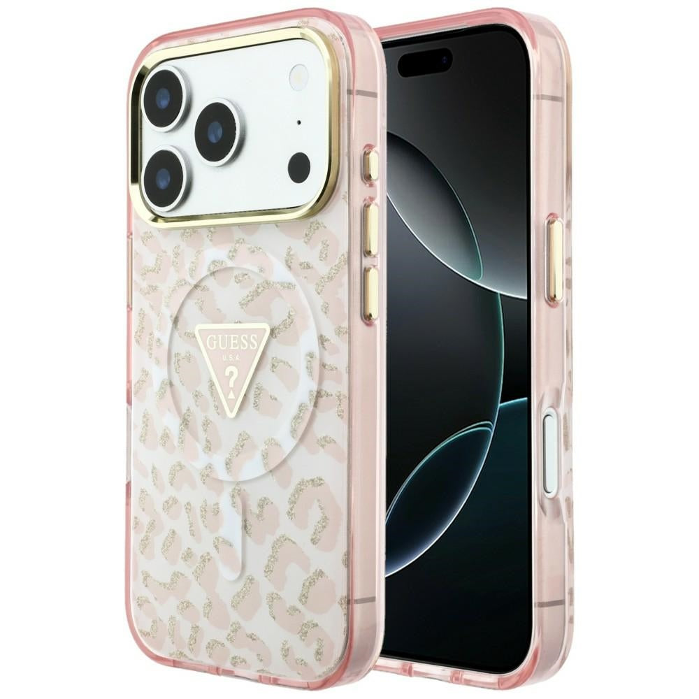 Husa MagSafe pentru Apple iPhone 18 Pro Max / 17 Pro Max, Guess, Leopard Glitter Triangle Logo, Roz