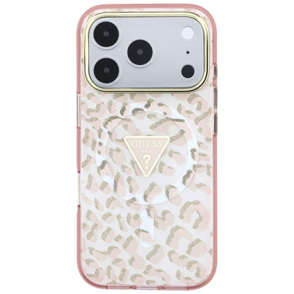 Husa MagSafe pentru Apple iPhone 18 Pro Max / 17 Pro Max, Guess, Leopard Glitter Triangle Logo, Roz