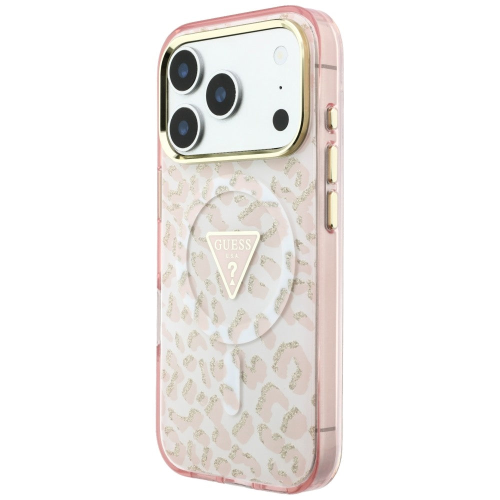 Husa MagSafe pentru Apple iPhone 18 Pro Max / 17 Pro Max, Guess, Leopard Glitter Triangle Logo, Roz