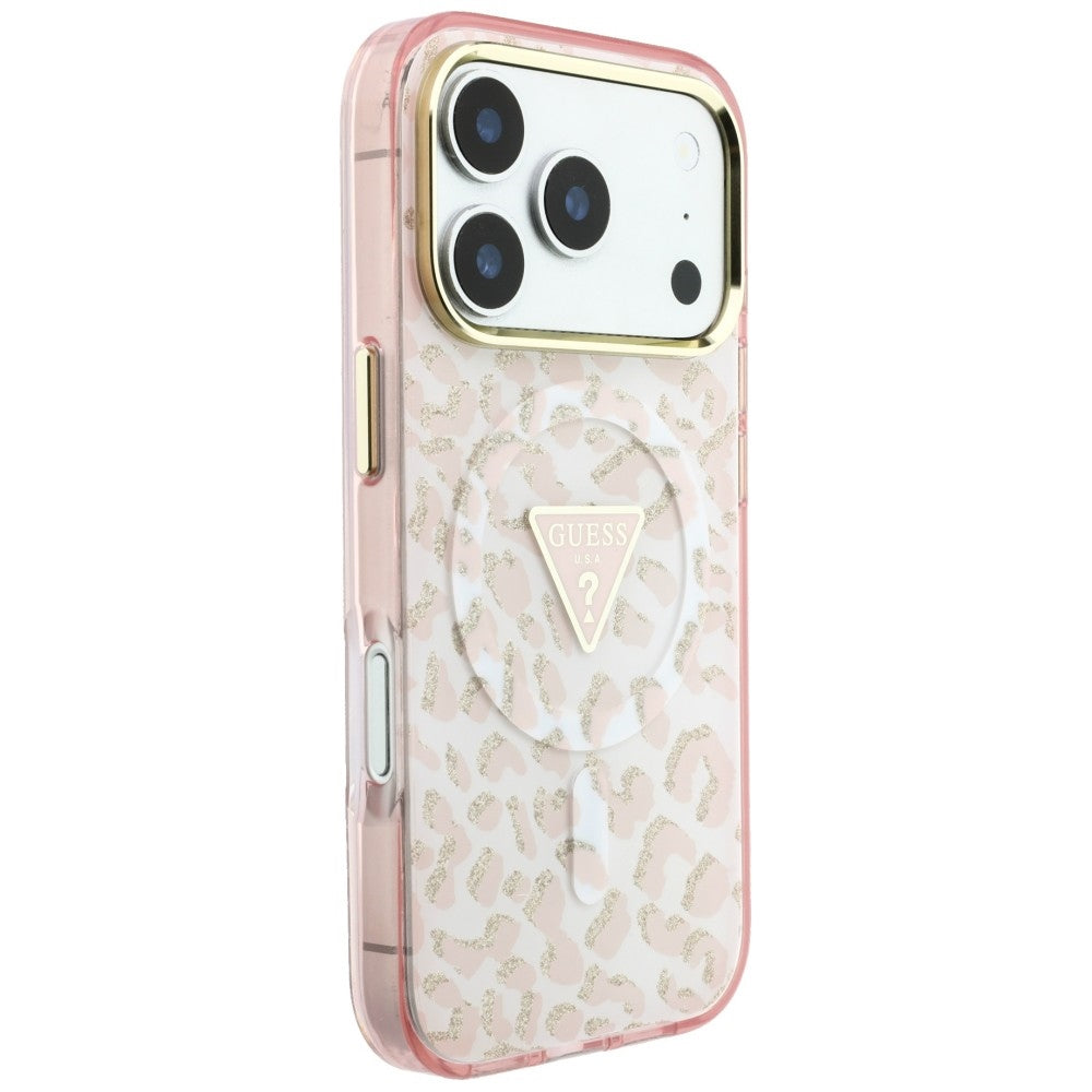 Husa MagSafe pentru Apple iPhone 18 Pro Max / 17 Pro Max, Guess, Leopard Glitter Triangle Logo, Roz